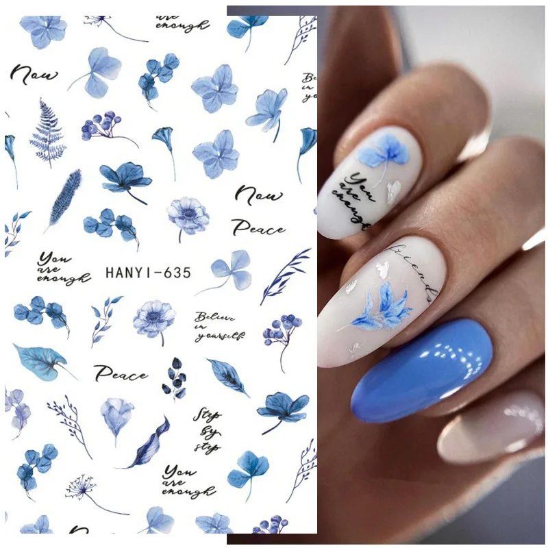 3D Back Glue Nail Stickers Watercolor Blue White Nail Manicur Spring Floral Adhesive Transfer Decals Slider Nail Art Decoration