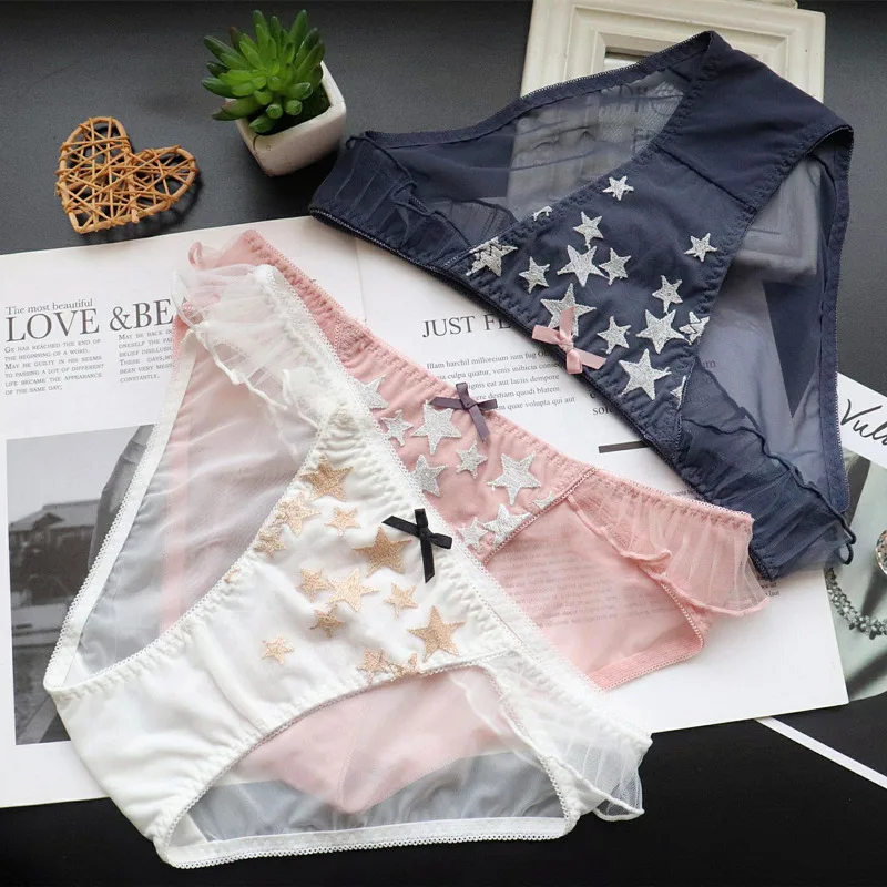 Star Embroidered Lace Mesh Sexy Ladies Low Waist Panties Breathable Briefs Fashion Perspective Bow New Style Women Underwear