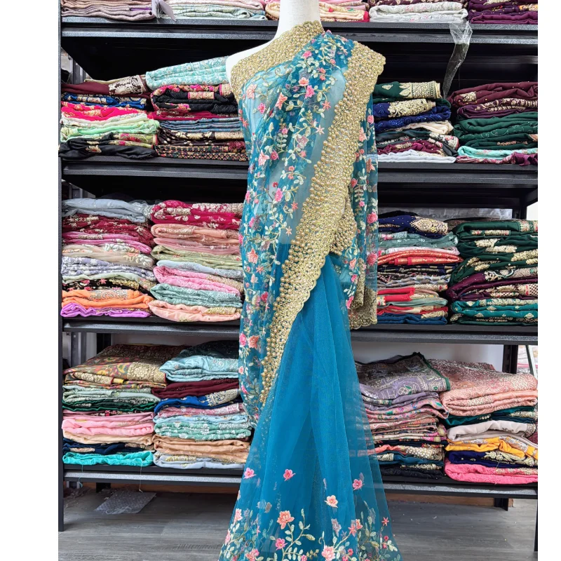 Indian Pure Imported Brand New Embroidered Bead Six Meter Large Sari Clothing