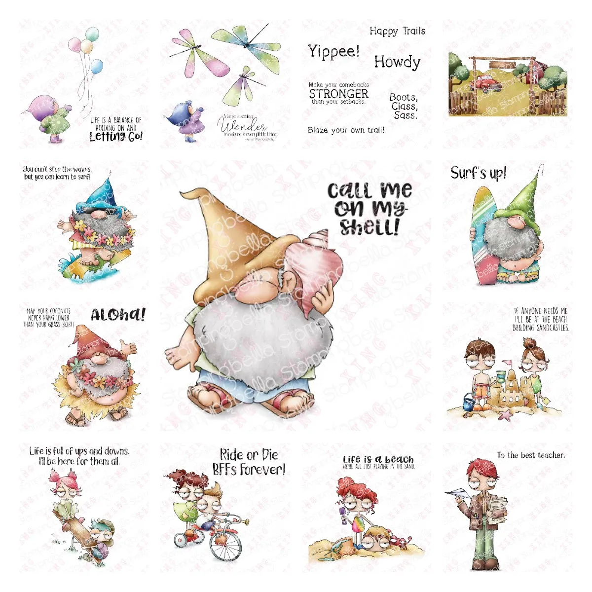 

Girl Balloons Dragonflies Sentiment Cowboy Gnome with a Seashell Surfboard Hula Building a Castle Seesaw Boy Teacher Dies Stamps