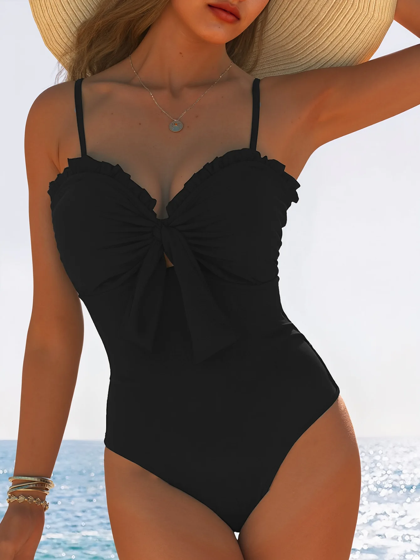 

Ruffle Trim Bow Knot Front Spaghetti Strap Deep V Tummy Control One-Piece Swimsuit Women Summer Beach Bathing Suit