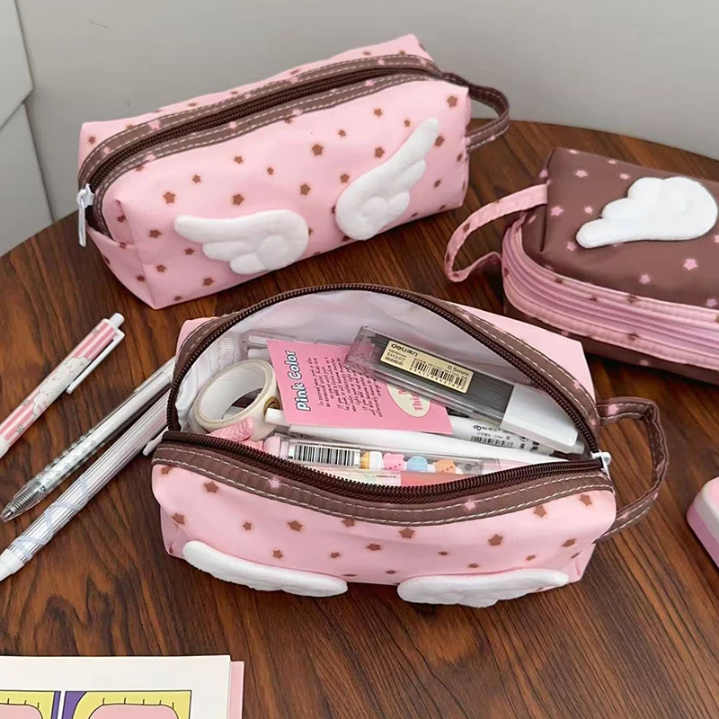 New Cute Angel Wings Pencil Bag Creative Portable Storage Bag with Handle Multi-function Stationery Organizer Students Supplies