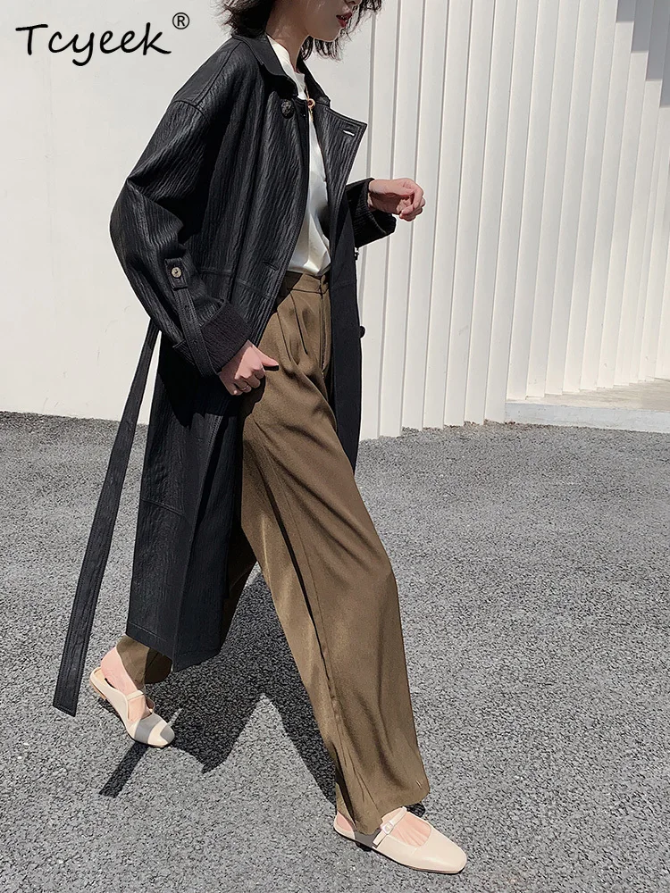 Tcyeek Schaffell Frühling Herbst High-End Trendy Quadratischer Kragen Schwarz Lange Damen Echtlederjacke Ж Ett Diego Diego Diego Diego