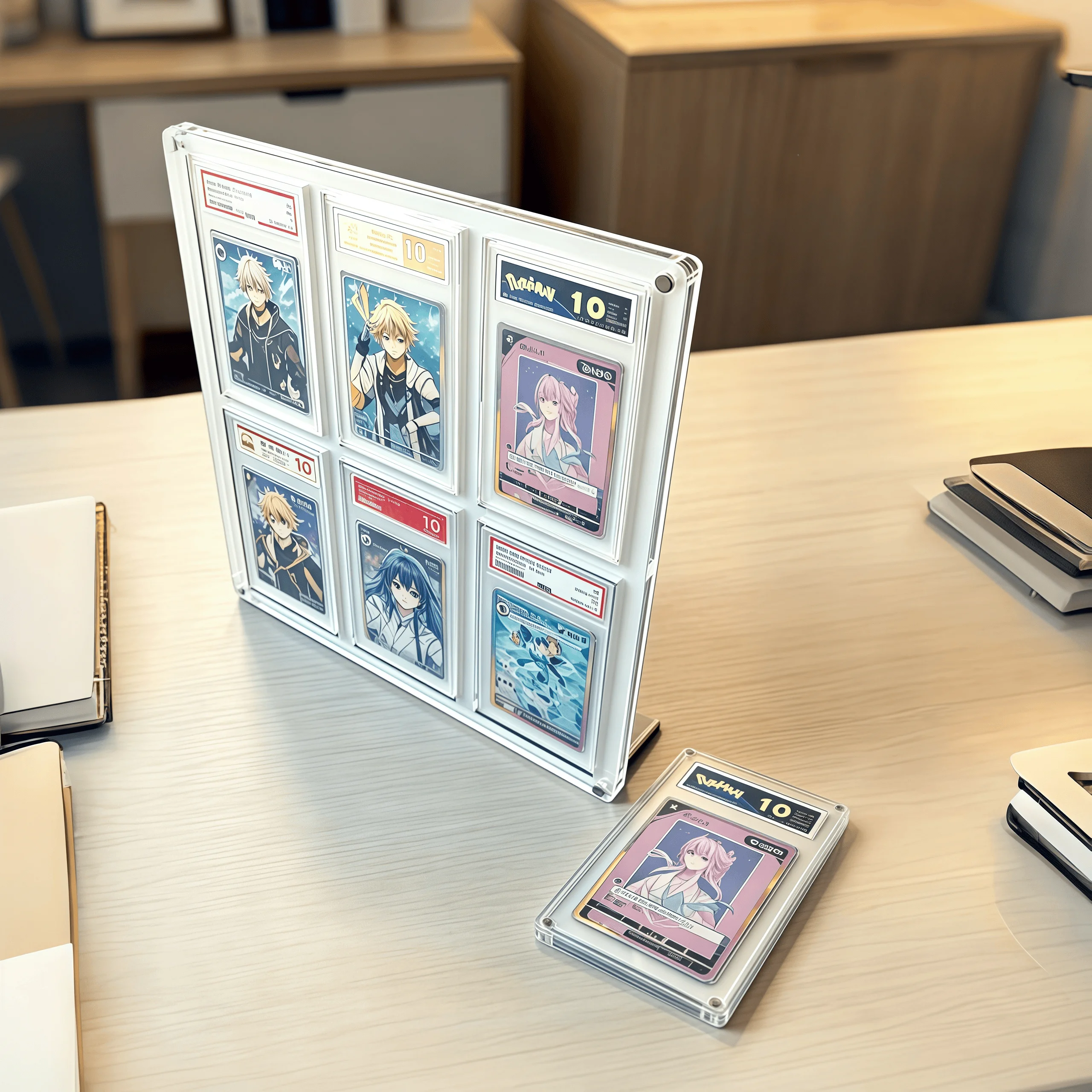 Graded Card Stand Acrylic Display Holder for PTCG Rating Card YGO Trading Cards Crystal Clear Edges 6-Slot White