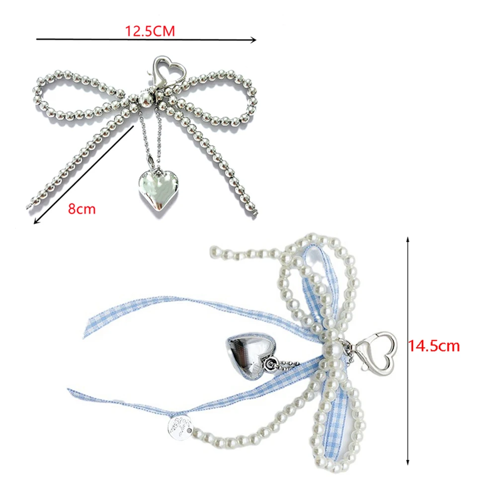 Korean Beaded Key Chain Handmade Pearl Bow Shaped Pendant Keyring Heart Keychain Ornament INS Pearl Decoration For Bags Phones