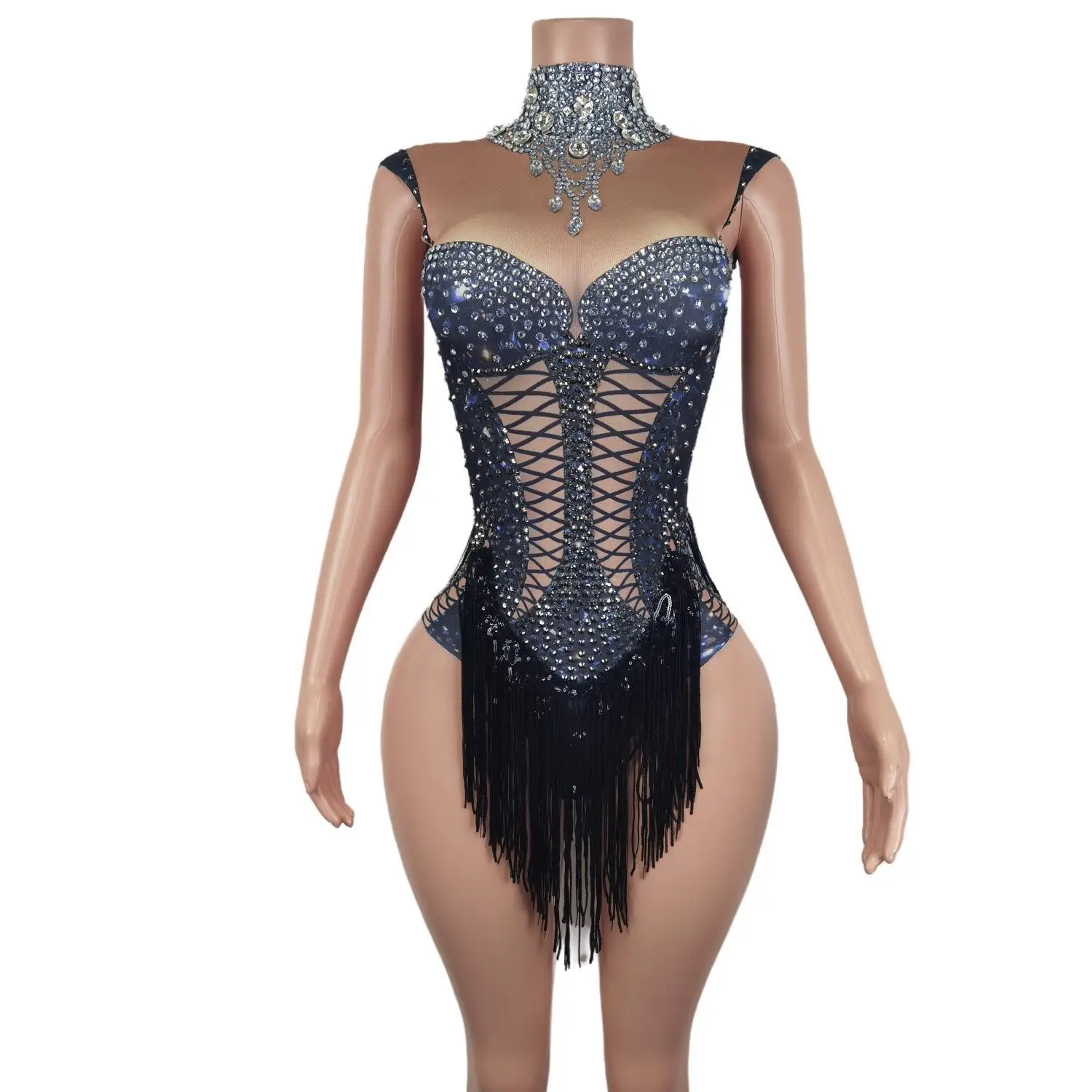 

Women Sexy Black Fringe Leotard Shiny Rhinestone Costume Stage Performance Dance Wear Singer Pole Dancing Bodysuit Heichuanxian