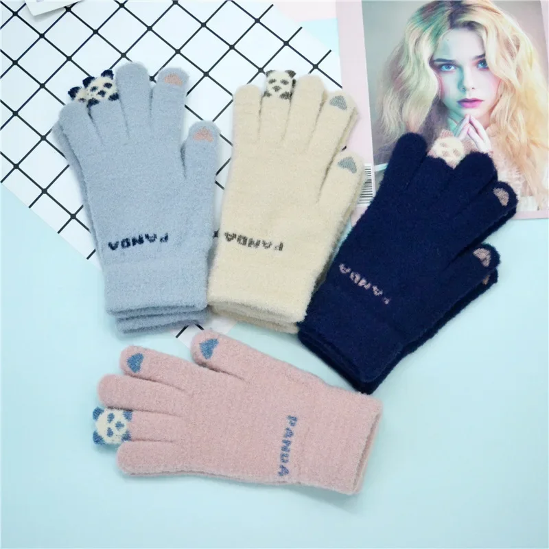 المرأة سبليت فنجر قفازات محبوك قفازات الكرتون أفخم مكافحة الباردة شاشة تعمل باللمس الأحمر الباندا نمط قفازات دافئة نمط جديد