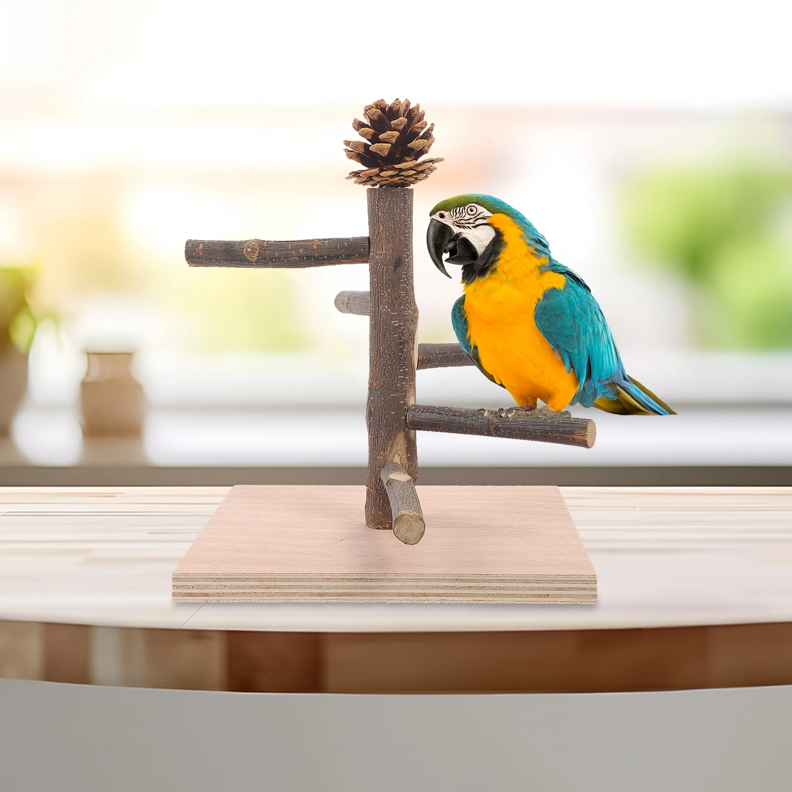 

Adjustable Tabletop Bird Game Rack Parrot Perch Stand Training Toy Wooden Large Sand Office Bird Climbing Decompression for Cage