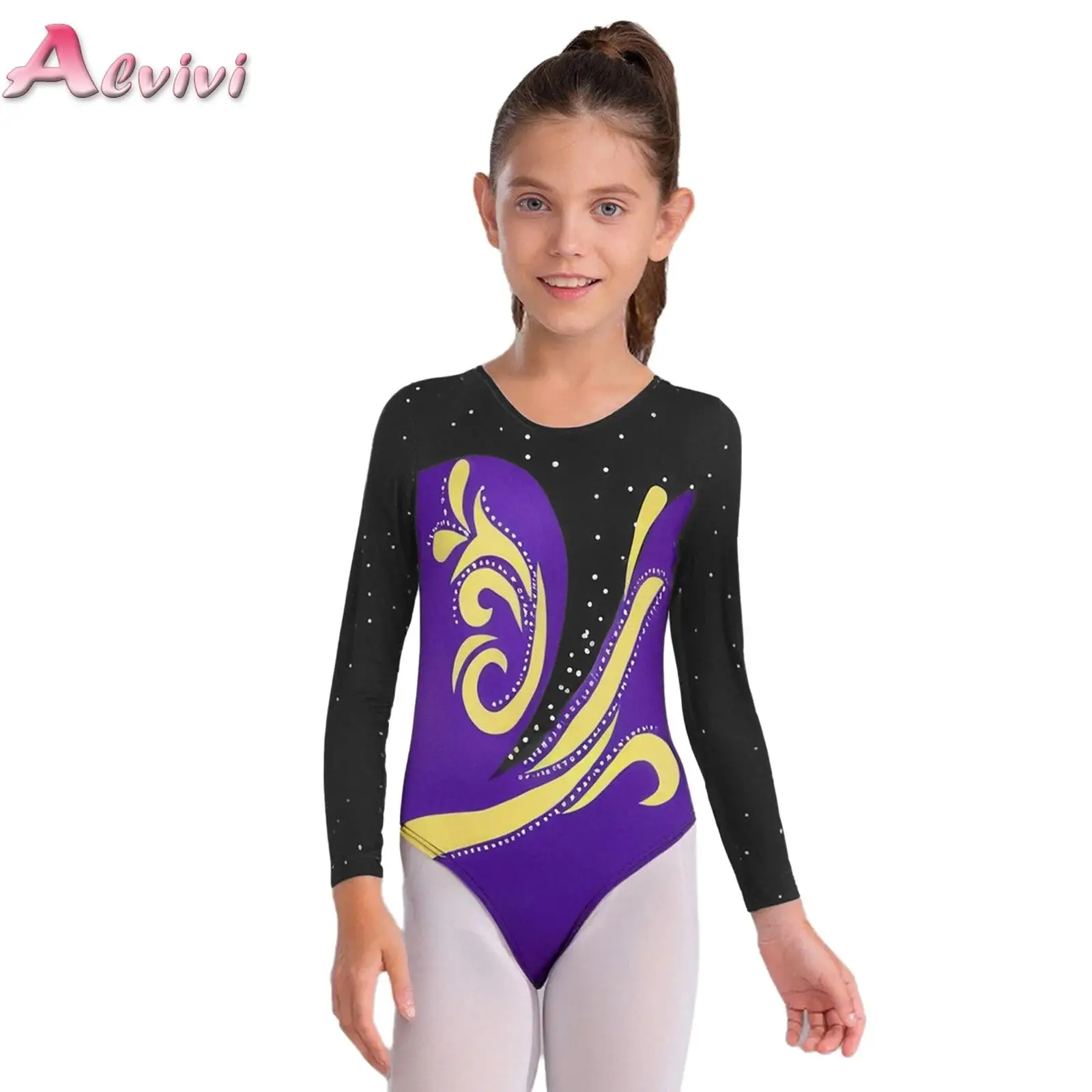 

Kids Girls Children Rhythmic Gymnastics Leotards Long Sleeve U Back Color Block Printed Bodysuit Training Competition Costume