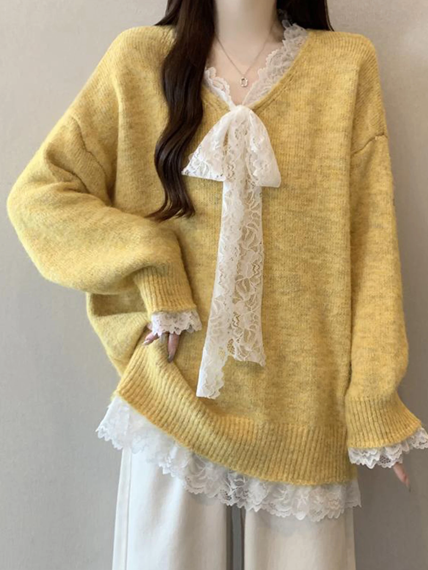 

Korean Sle V-Ne Lace Splice Knitted Sweater Women's Spring New plus Size Lazy Sle Long Sve Sweater Mid-Length