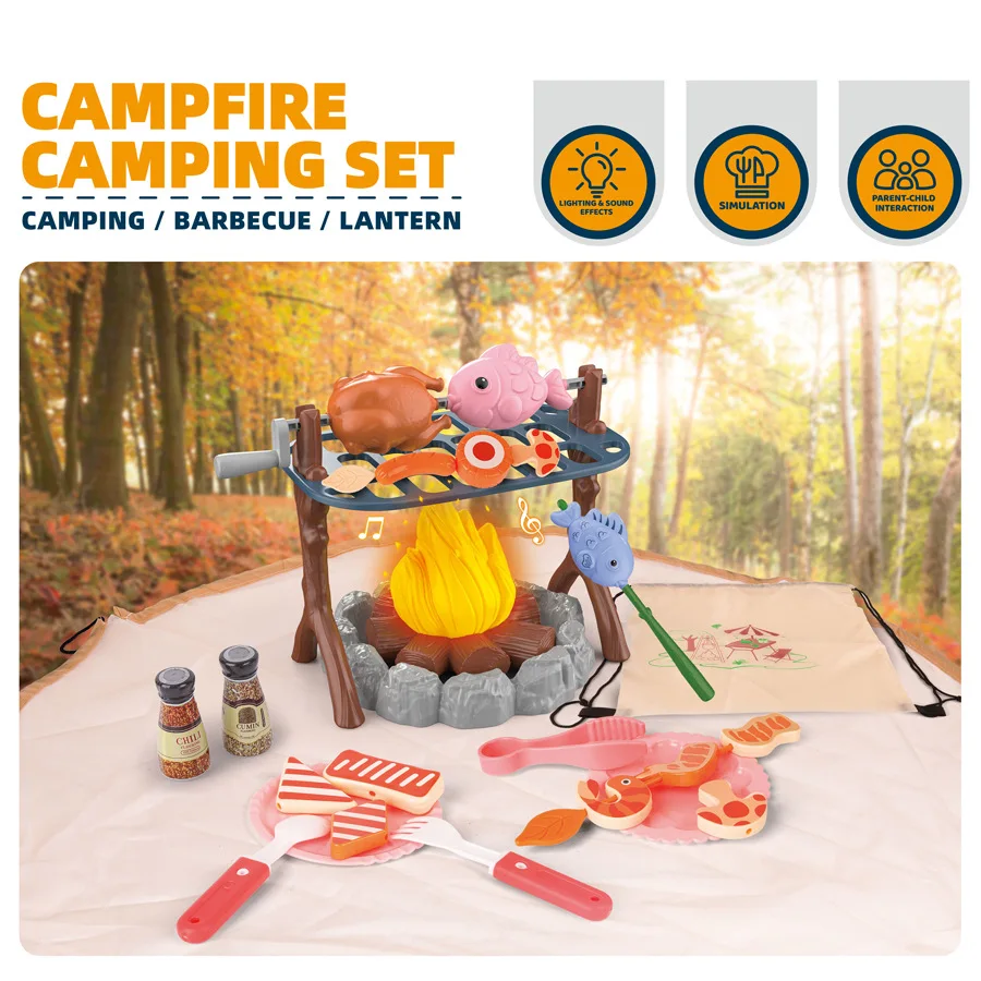จําลอง Campfire Camping ชุดบาร์บีคิวผจญภัยกลางแจ้งเครื่องมือเต็นท์ชุดแสงและเสียงเด็กเล่นของเล่น