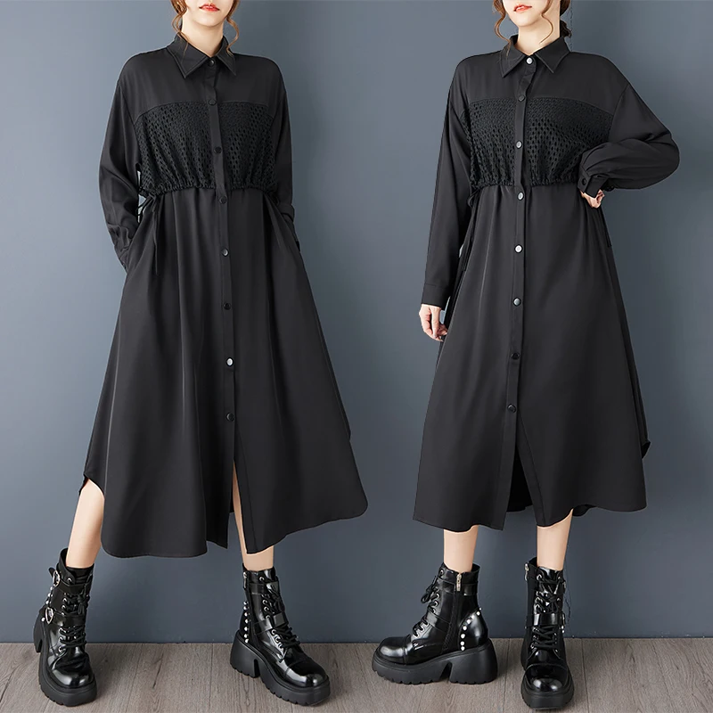 Lâche Midi irt Dr k Sle grande taille cintrée à la taille épissé minceur sur le genou fibre de Polyester Long col Sve