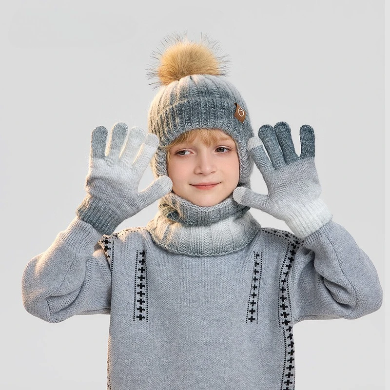 

Зимний комплект: шапка, шарф и перчатки, плюшевый, теплый, вязаный, для детей, шапка-бини для мальчиков, шарф-шапка, перчатки, комплект для малышей