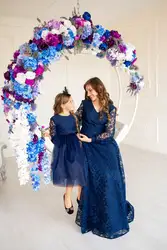 Navy Mommy and Me Dress Mother Daughter Formal Dress for Birthday Long Sleeve Lace Wedding Guest Outfit Photoshoot Gown