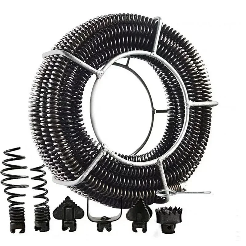 14M Household Drain Pipe Dredger Extension Spring Set Sewer Compression Spring with Connector for 10-100mm Pipe F
