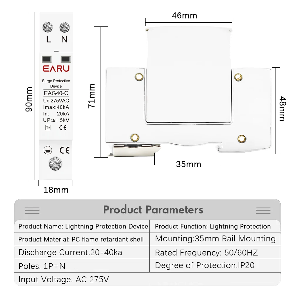 1P+N AC SPD 20KA~40KA 275V House Surge Protector protection Protective Low-voltage Arrester Device