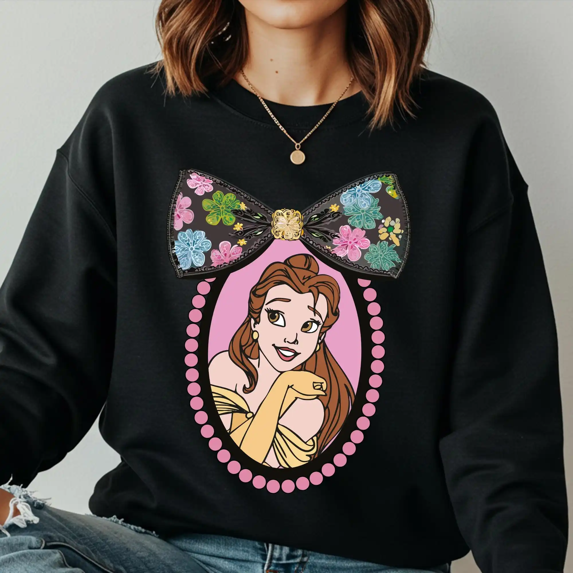 Bluza z kapturem Belle Princess, retro bluza Disney Belle, swobodna, wygodna, luźna bluza z okrągłym dekoltem, odzież uliczna