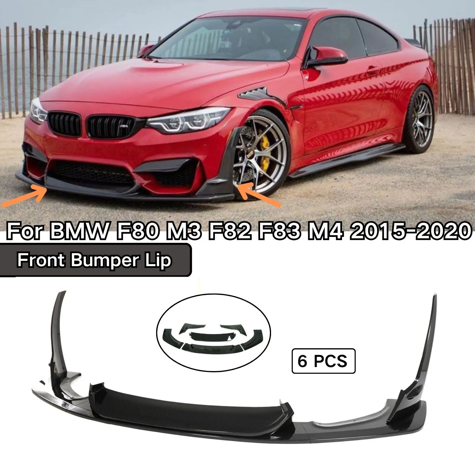 Front Bumper Lip For BMW F80 M3 F82 F83 M4 2015 2016-2020 Spoiler Splitter 6PCS Cars Accessories Body Kit Carbon Fiber Print