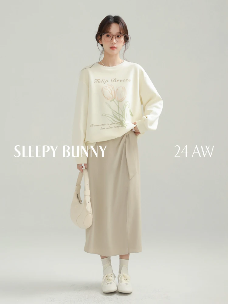 Falda caqui informal elegante, falda Midi con abertura lateral de cintura alta para mujer, falda holgada minimalista de Color sólido con lazo en la cintura para oficina Chic