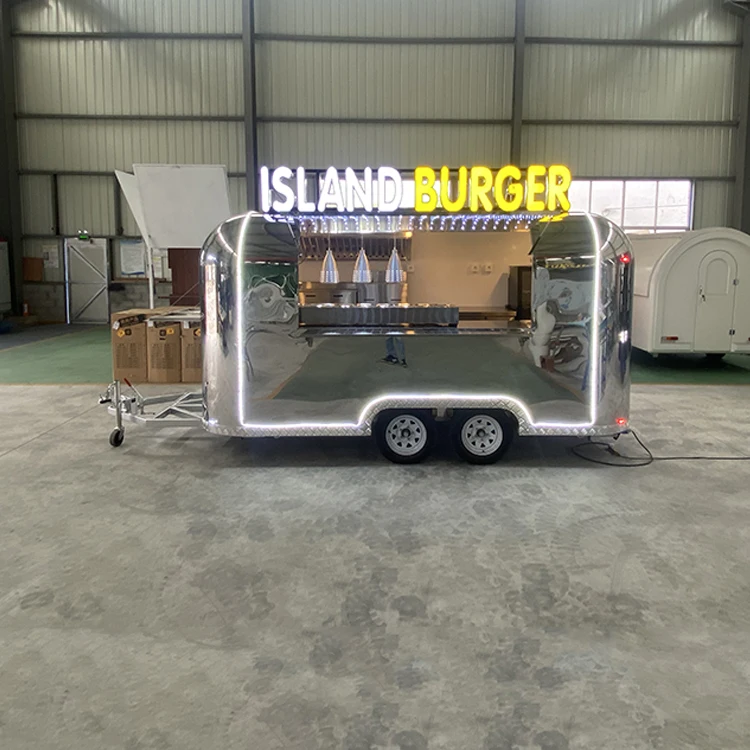 Stainless Steel Mobile Fast Food Truck Trailer with Full Kitchen Equipments Freezer Deep Fryer