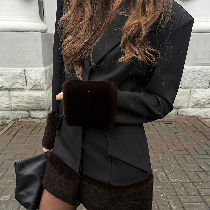 Linad hiver élégant plume Patchwork chemise robe rue Chic taille haute Mini robes mode col cranté robe courte 2025