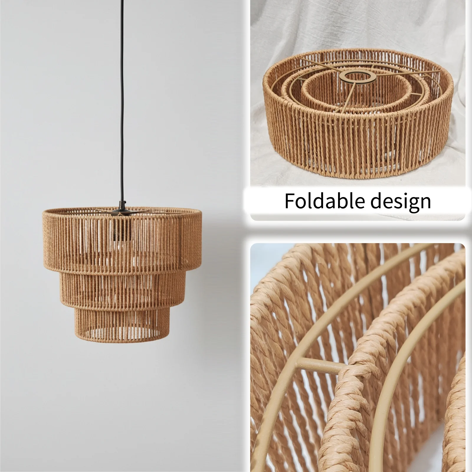 3-Tier Woven Rattan Lamp Shade Foldable Boho Lampshade Replacement Cover for Pendant Light Living Dining Bedroom Cafe Home Decor