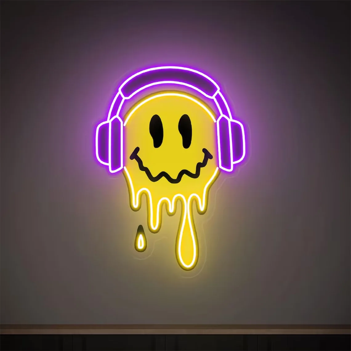 

Неоновая вывеска Happy Face Melting Happy Face с наушниками Неоновая УФ-печать Акриловая вывеска Спальня Игровая комната Бар Арт Настенный декор Дети G