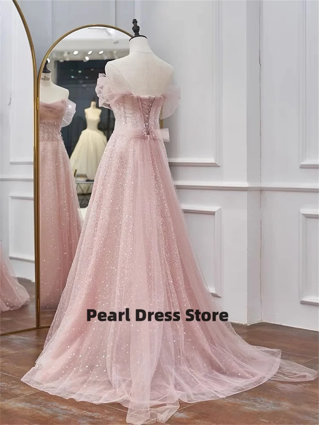 Elegant Pink Bridesmaid Dress Italian A-line Shiny Handmade Beaded Sleeveless Formal Wedding Party Prom Evening Dress