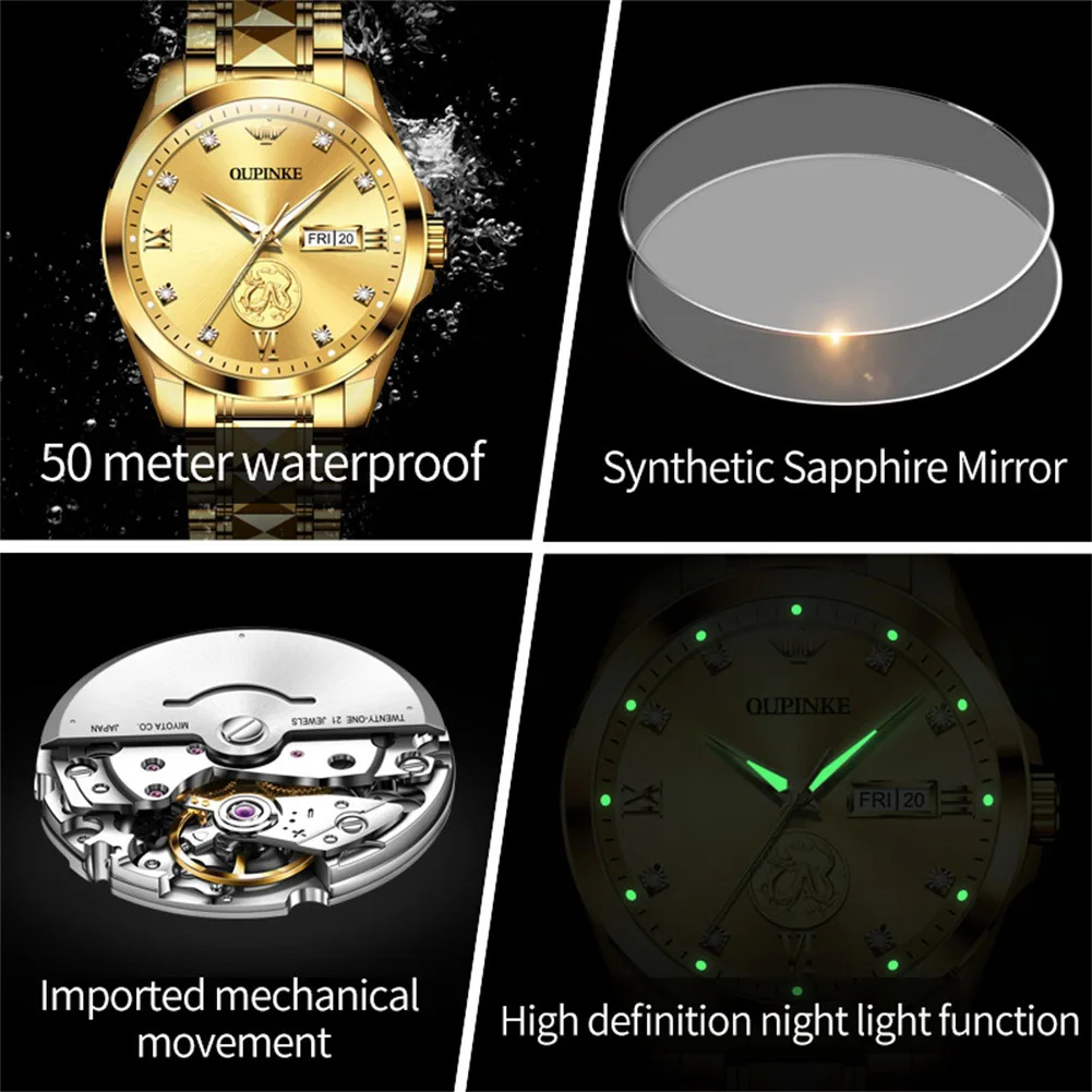 OUPINKE True Gold Couple Watch Tungsten Steel Strip Automatic Mechanical Watch Imported Movement Men's and Women's Watches