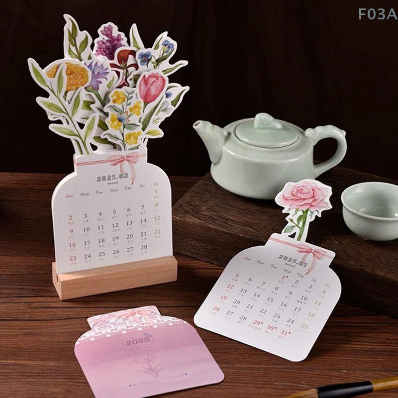 2025 Bloomy Flower Desk Calendar Creative Wooden Card Calendar High Quality Desktop Calendar Illustrator Card Insertion Calendar