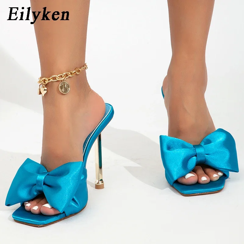 Eilyken 2026 New Arrival Silk Butterfly-knot High Heels Women Slippers Sandals Square Toe Party Mule Slides Shoes