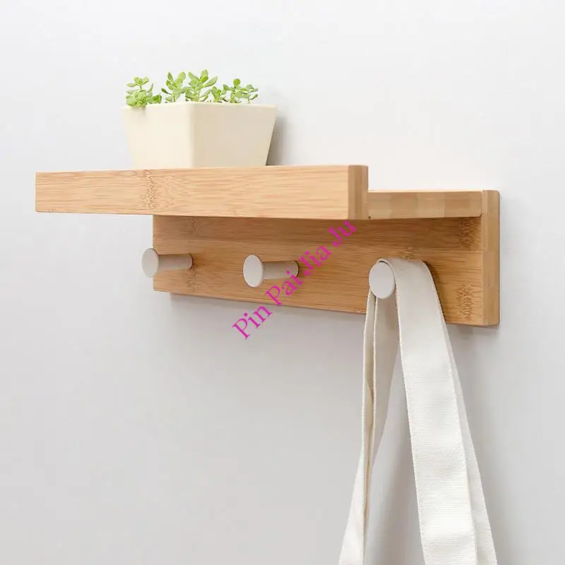 Multifunctional Bamboo Wall Rack Clothes Storage Rack Hook Towel Coat Hanger Key Chain Shelf Bedroom Hallway Decorative Shelf