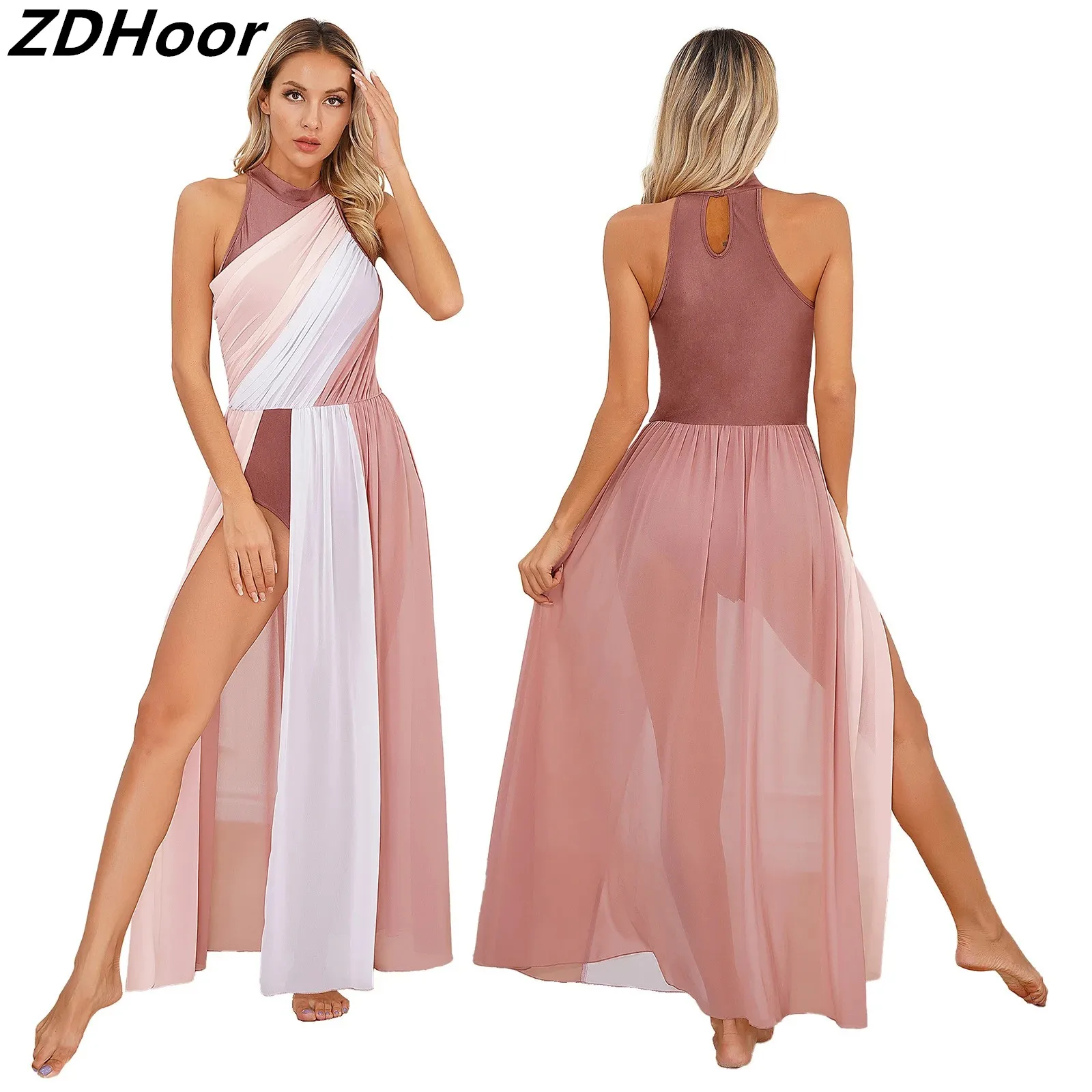 

Womens Fashion Color Block Dance Dress Mock Neck Keyhole Back Sleeveless Split Dresses for Modern Lyrical Dance Performance