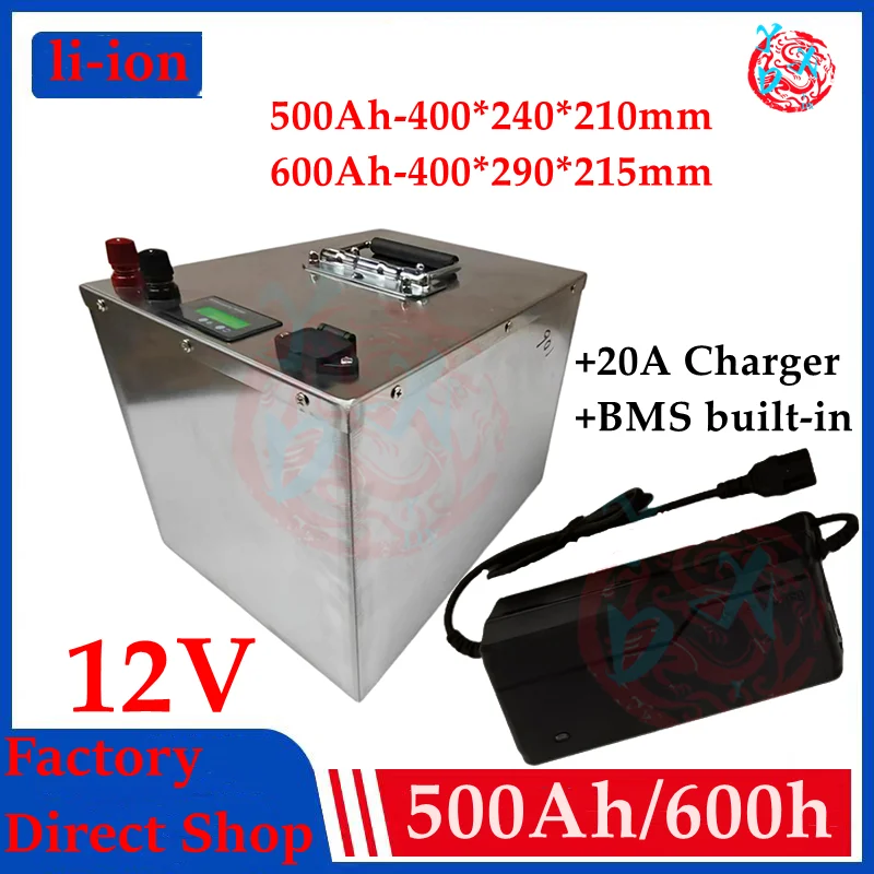 RV Camper Battery 12V 500Ah 600Ah Large Capacity Lithium Lipo Li Ion Battery For 1000w 2000w Motorhome Solar+20A Charger