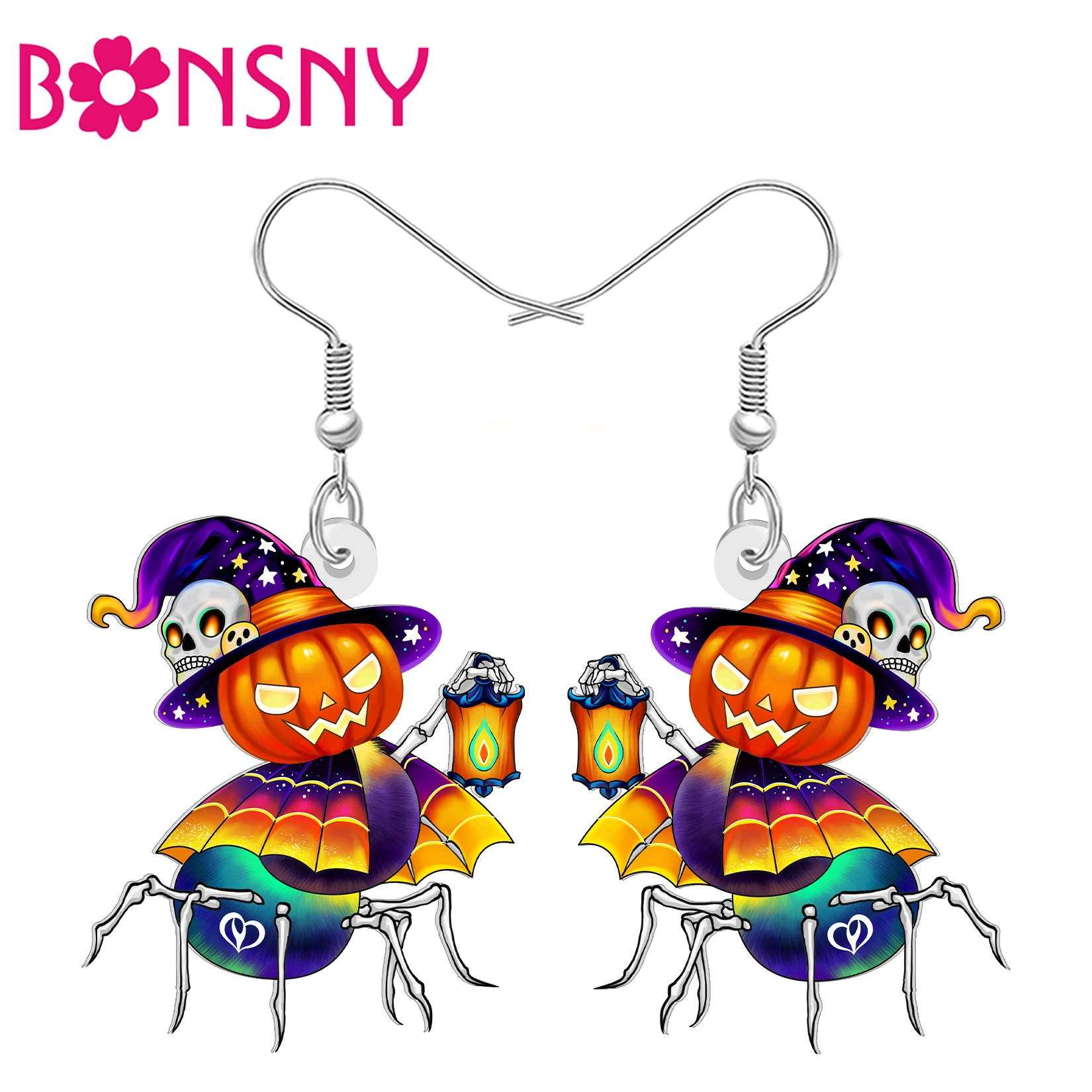 BONSNY Acrylic Spider Pumpkin Lantern Earrings Spooky Witch Hat Skull Dangle Drop Gothic Jewelry Halloween Gifts For Women Girls