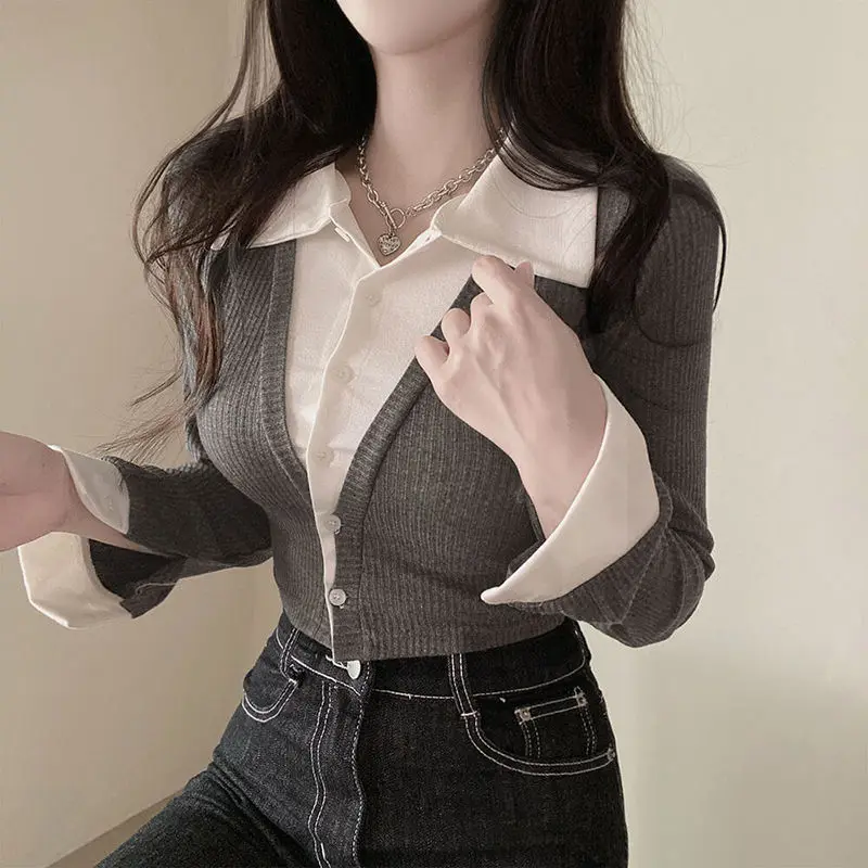 Female Fake 2-Piece Lapel Sleeve Joker Korean Style Slim Sexy Girl High Street Stitching Long Sleeves.