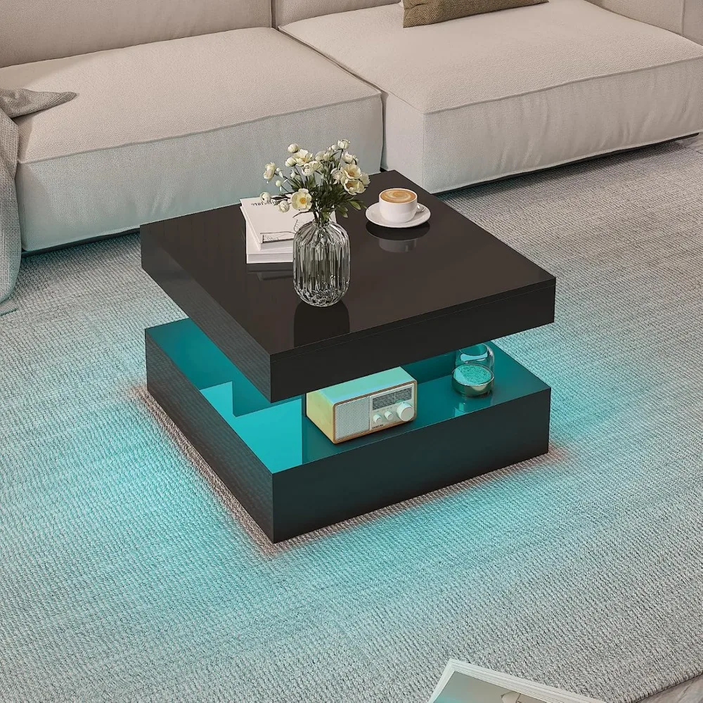 Tavolino da caffè moderno quadrato a 2 livelli con finitura in legno lucido, tavolo centrale portaoggetti 23,6 per soggiorno