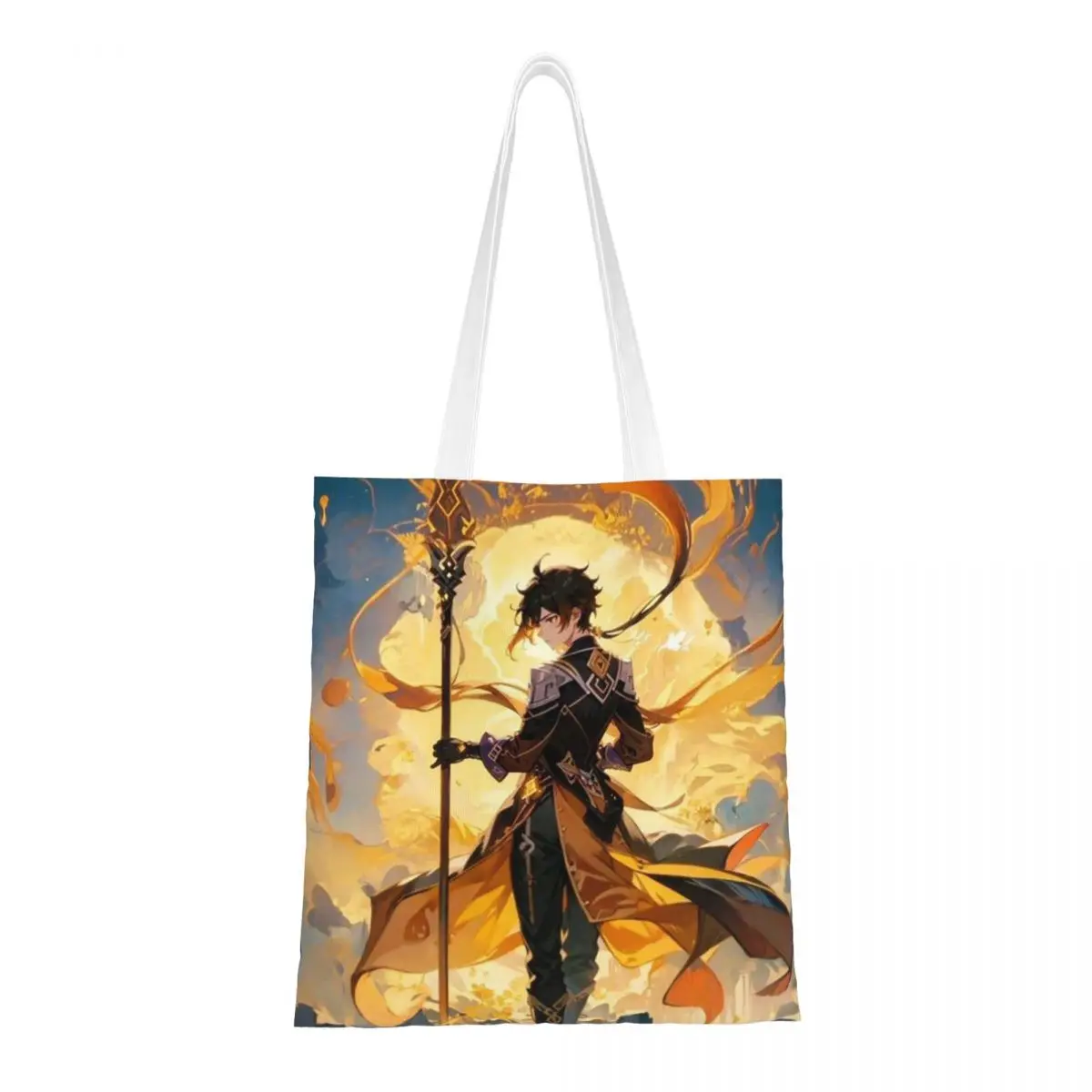 Zhongli Genshin Impact Anime Game Shopping Bags Ladies Canvas The Tote Bag Folding Ladies Shoulder Tote Travel Handbag