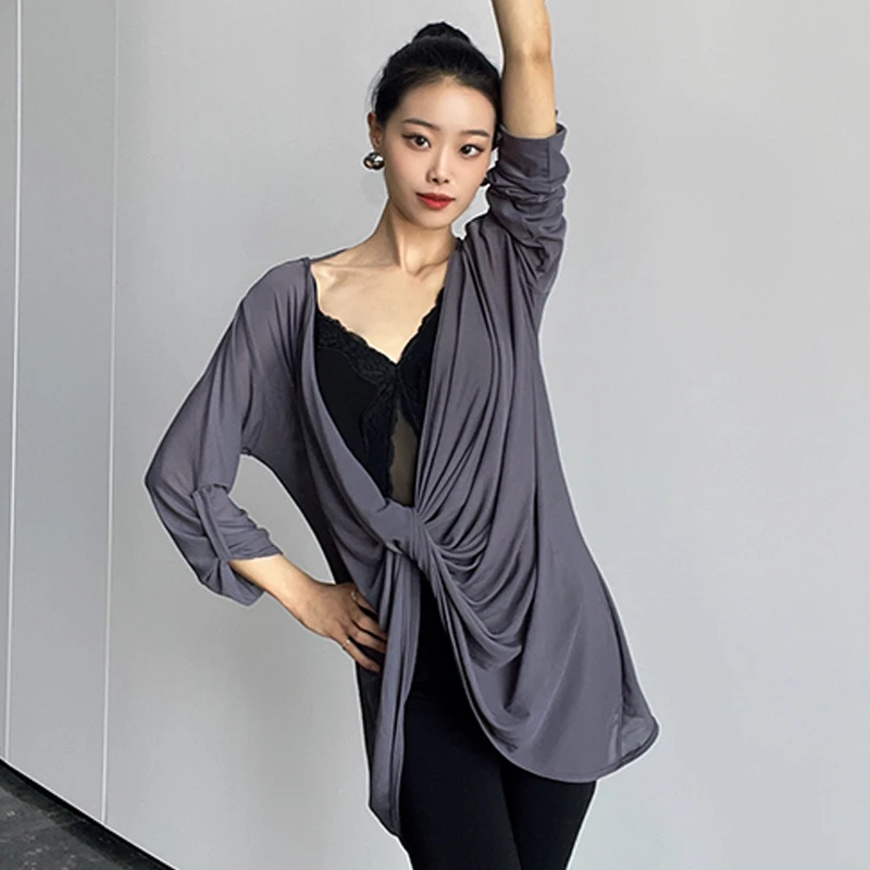 Latin Dance Clothes Loose Gray Black Tops Backless Practice Wear Women Rumba Modern Dance Shirts Salsa Dance Costume DNV20605