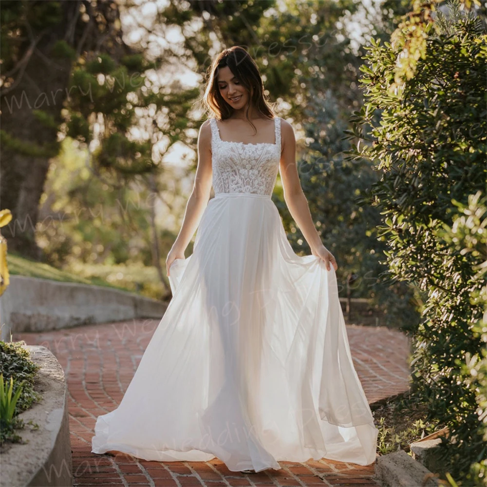 Romantico A Line abiti da sposa da donna graziosi Appliques di pizzo abiti da sposa nuovo colletto quadrato senza maniche Backless Robe De Mariée