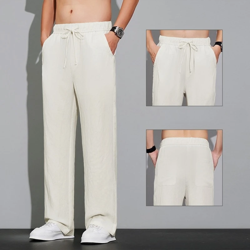 

Summer Thin Cozy Lyocell Linen Fabric Pants Men Elastic Waist Outdoors Jogger Breathable Wrinkled Outdoor Casual Trousers Male