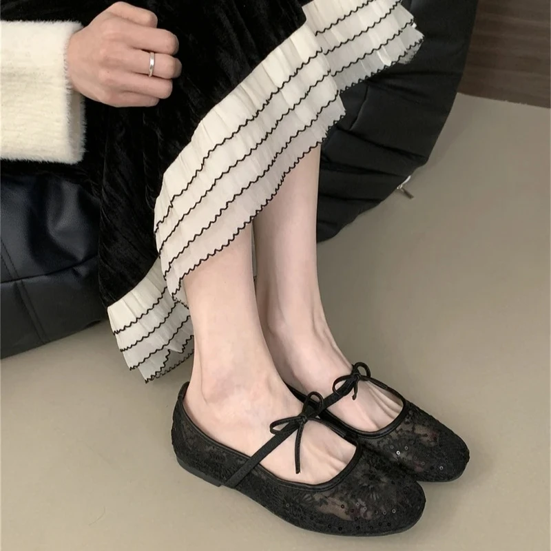 2026 Spring/Summer Lace Women Mary Jane Shoes Fashion Slip On Comfort Street Style Soft Sole Female Dress Flats Shoes，35-40