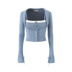 Women's Deep U-neck Contrast Long-sleeved Knit Spice Girl Style Two-piece Sling Top