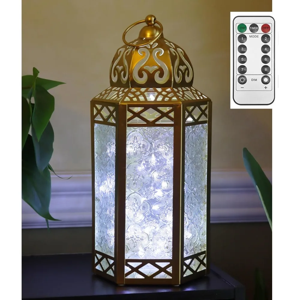 فوانيس فيلا 12 قطعة LED سلسلة أضواء خرافية حامل شموع فانوس مغربي مزخرف، زجاج كوبالت، كبير