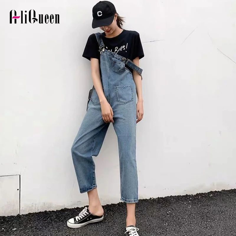 

Women Loose Jean Jumpsuit Cowboy Mom Denim Pant Female Suspender Pockets Haren Pants Overalls Long Trousers Streetwear