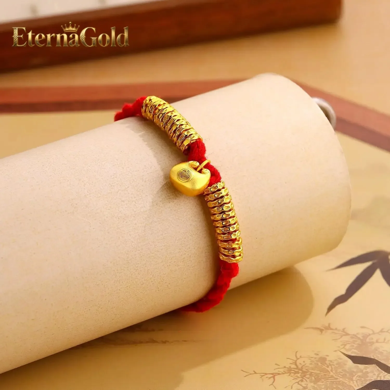

EternaGold 999 24K real gold small fat Fu coil wrapped hand rope women ancient fashion new niche design braided hand rope bracel