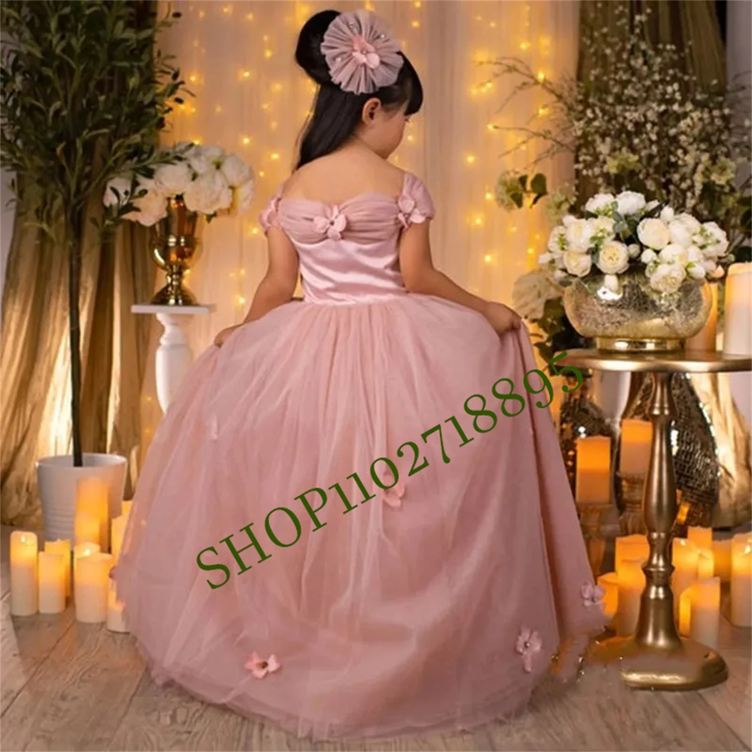 

Pink Flower Girl Dress Tulle Puffy 3D Applique Off Shoulder Elegant For Wedding Child's First Eucharistic Birthday Party Dress