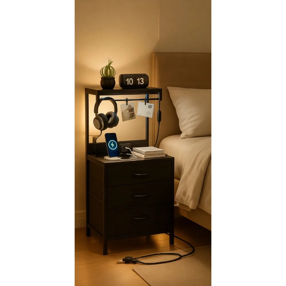 

Tall Nightstand with Charging Station LED Lights and Four Fabric Drawers for Bedroom Hallway Office