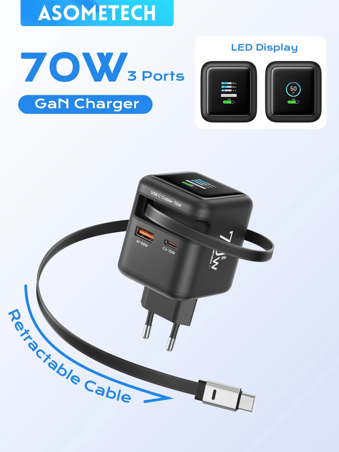 Ładowarka 3 w 1 GaN z wysuwanym kablem 70W PD3.0 QC4.0 PPS 2 Type-C szybka ładowarka podróżna do iPhone 17 16 Pro Macbook Laptop — 2