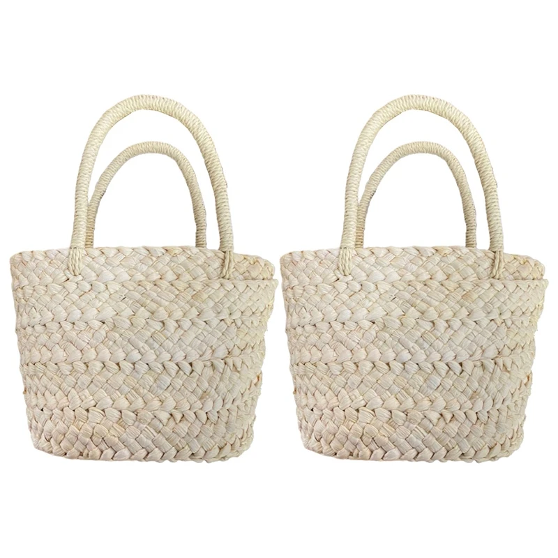 2X Summer Handmade Small Woven Bag Corn Husk Handbag Basket Straw Rattan Bag Parent-Child Children Straw Rattan Purse